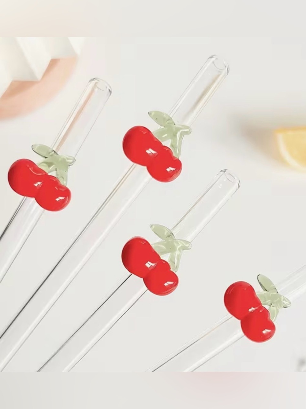 Cherry Themed Glass Straw Set of 4 New